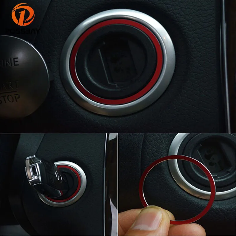 POSSBAY Red Aluminum Alloy Car Start Button Ignition Decoration Circle Trim Ring Sticker for