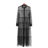 Vrouwen Zwarte Polka Dot Mesh Lange Shirt Zomer Top See Through Sheer Jurk Blouse Sexy Transparante Strand Lange Tops