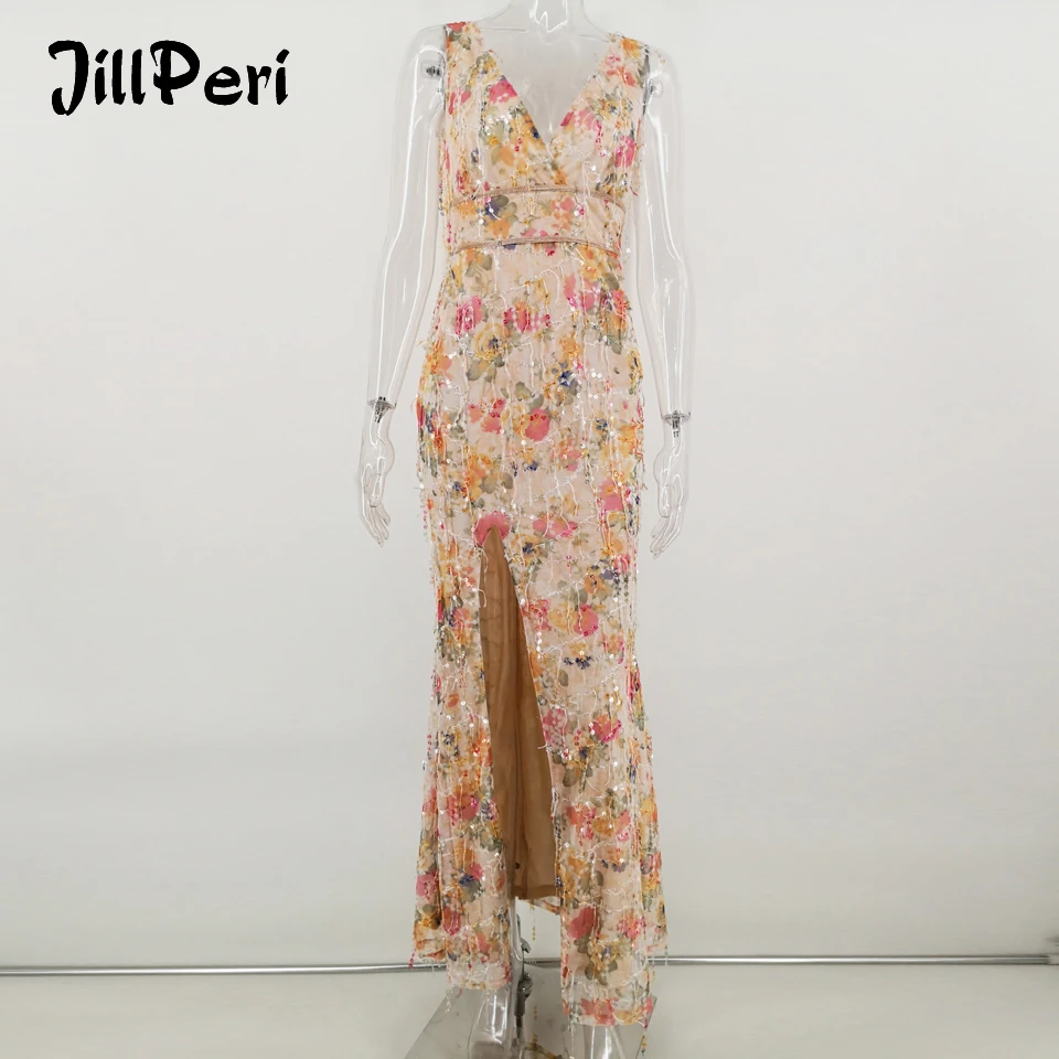 

JillPeri Women Sleeveless V Neck Floral Tassel Sequin Dress Sexy Leg Open High Waist Evening Wear Birthday Party Maxi Dress