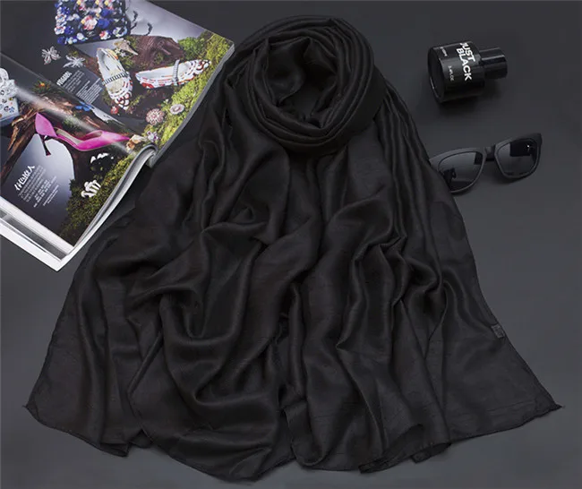 Перламутровый Одноцветный льняной шелковый шарф, шаль, осенний зимний шарф, женские красивые шарфы, деформация Echarpes fulards Femme - Цвет: black