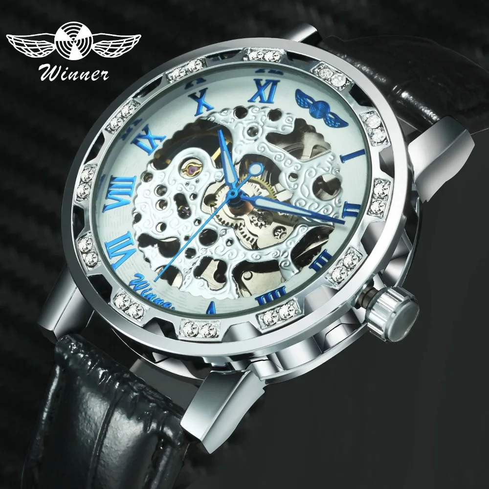 

WINNER Vintage Fashion Skeleton Mechanical Watch Men Leather Strap Blue Index Diamond Decoration Mens Watches Top Brand Luxury