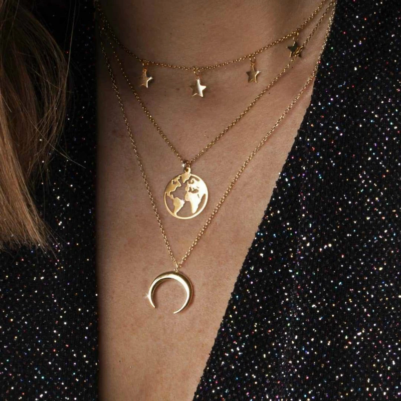

New Necklace Fashion Personality Women's Pentagram World Map Moon Multi-layer Combination Necklace Selling Accessories Wholesale