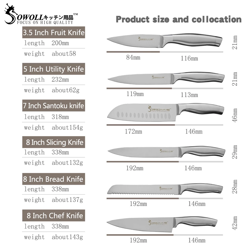Sowoll 7 шт. Нержавеющая сталь Ножи набор " 7" 5 ''3,5'' изгиб Ручка острое лезвие, поварской нож+ Магнитный Ножи держатель Экономия места