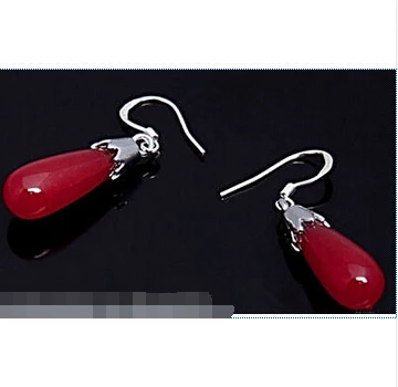 

Free shipping Charming Natural Red Jade 925 Sterling Silver Hook Teardrop Dangle Earrings