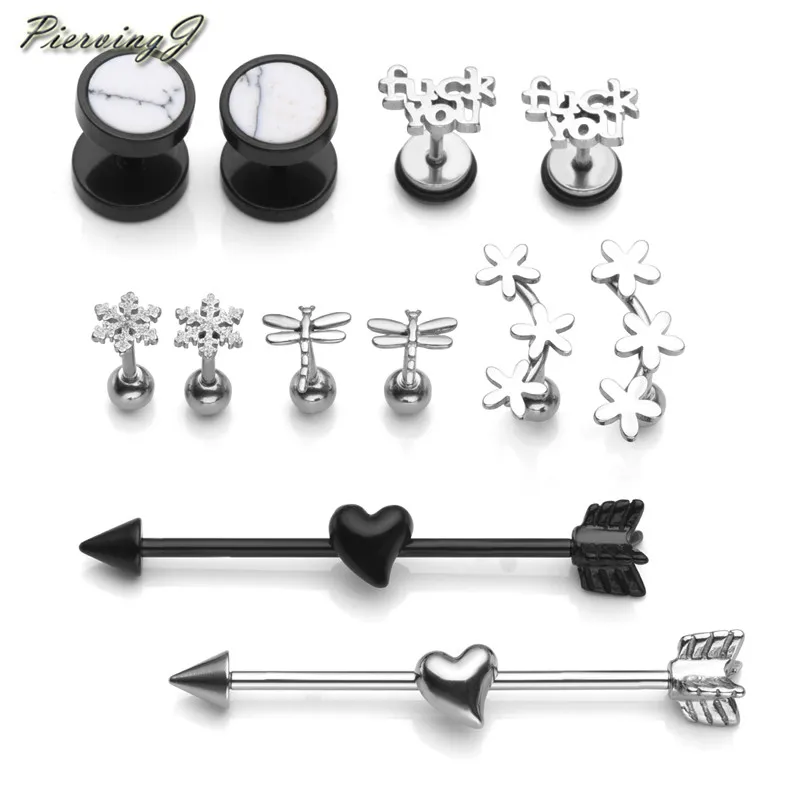 

PiercingJ 12Pcs / Set Stainless Steel Industrial Barbell Cartilage Stud Earrings for Women Men Tragus Helix Ear Body Piercing