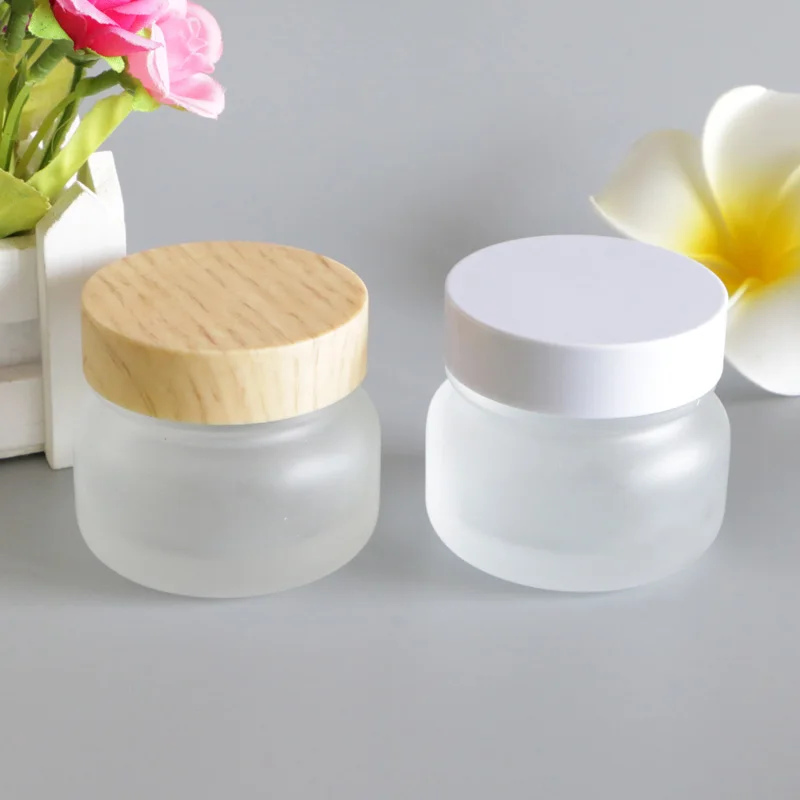 

50g Bamboo Cap Wood Lid Glass Frosted White Cosmetic Cream Packaging Bottles for Makeup Eye Face Skin Care Lotion Mask 6pcs/lot