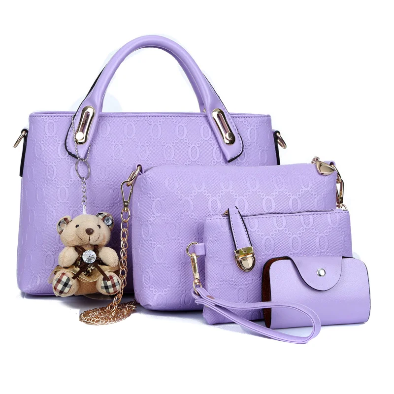 Горячая Мода Элегантный 1 комплект большой емкости сумки для женщин леди сумка через плечо кошелек медведь кулон из искусственной кожи для путешествий KABEST - Цвет: Фиолетовый