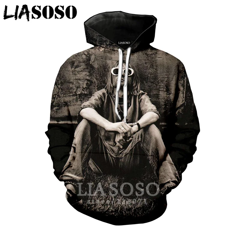 

LIASOSO New Fashion Men Women Sweatshirt 3D Print Singer Kurt Donald Cobain Hoodie Long Sleeve Hip Hop Harajuku Pullover A226-05