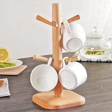 High Quality Tree Shape Wood Coffee Tea Cup Storage Holder Stand Kitchen Mug Hanging Display Rack Drinkware Shelf With 6 Hooks