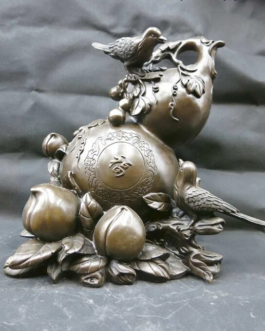 

13' Chinese purple bronze carved pied magpie peach calabash Sculpture Statue