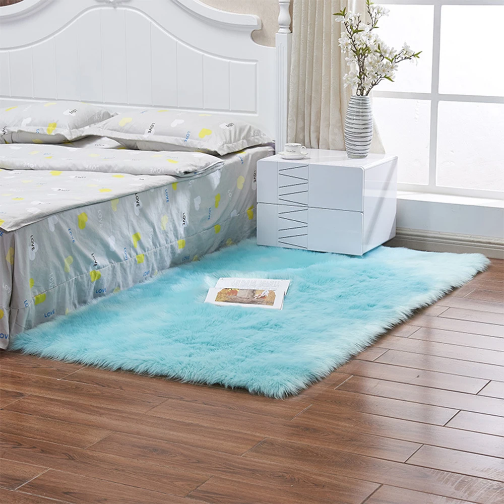 Artificial Sheepskin Fur Rug Acrylic Flower Soft Fluffy Carpet Bedroom Living Room Floor Furry Silky Plush Tapete 30/40/50/60cm - Цвет: B blue