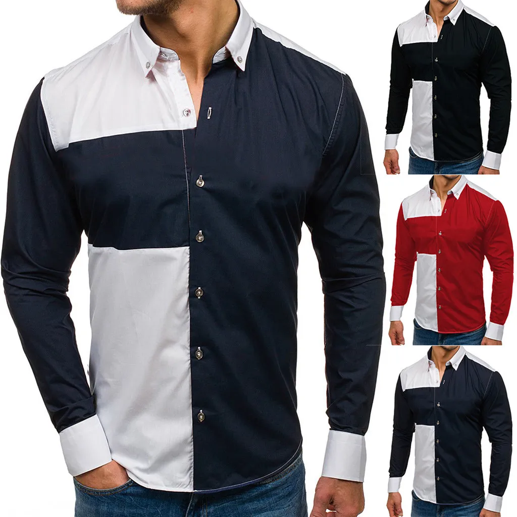 

Fashion Men‘s Long Sleeve Patchwork Button Large Size Casual Top Blouse Shirts dress Button Turn Down Collar mens clothing