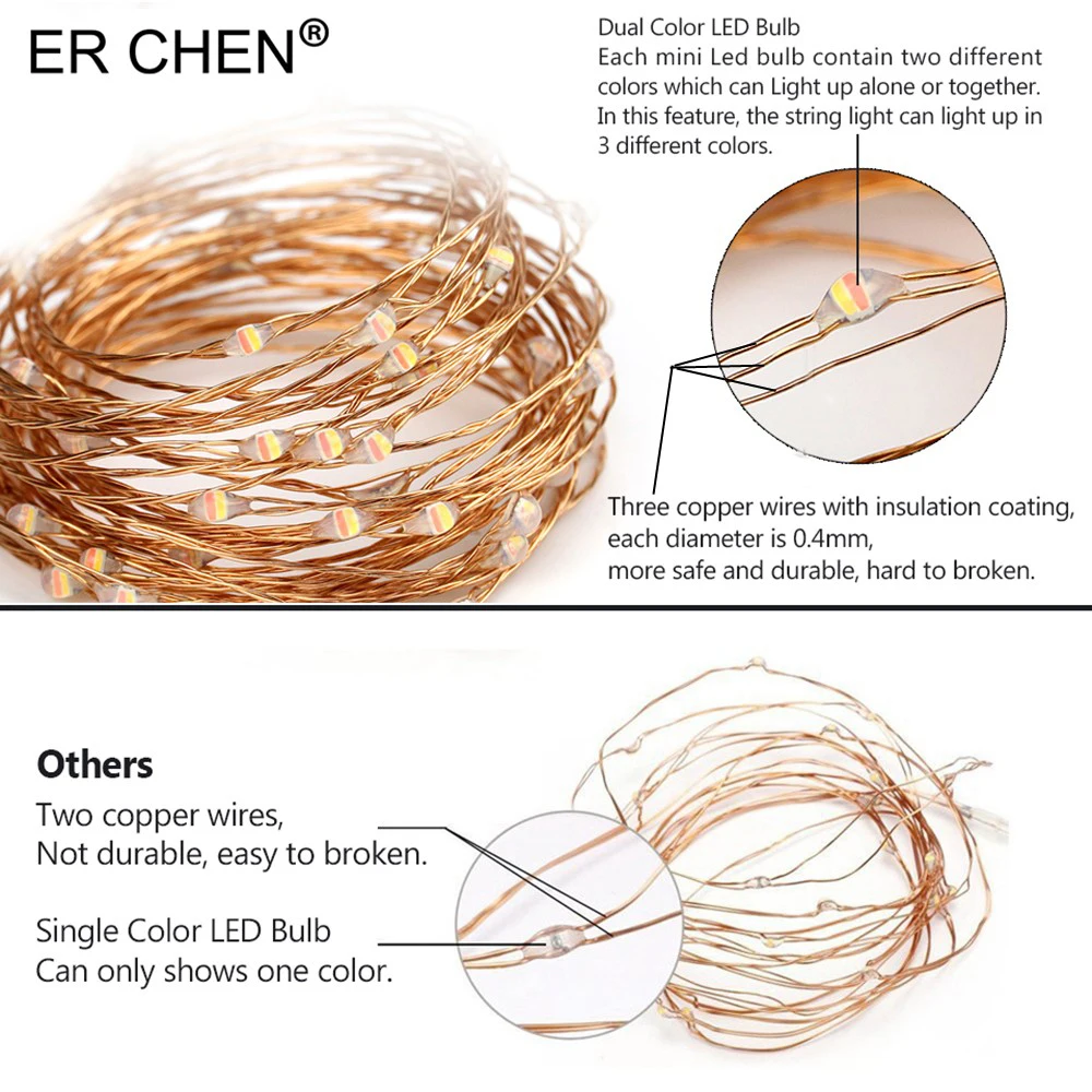 Двойной Цвет светодиодный гирлянды 100/200/300/500 светодиодный Медь и серебристая проволока теплое белое с желтым Цвет пульт дистанционного управления+ США штекер Адаптер