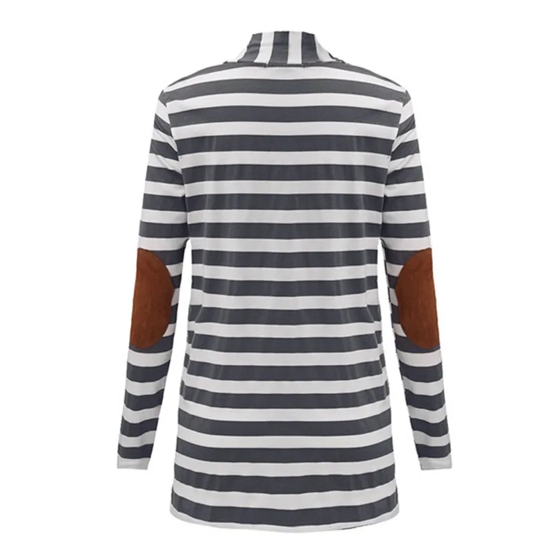 New Fashion 2015 Autumn Outerwear Women Long Sleeve Striped Printed Cardigan Casual Elbow Patchwork Knitted Sweater Plus Size Sweaters