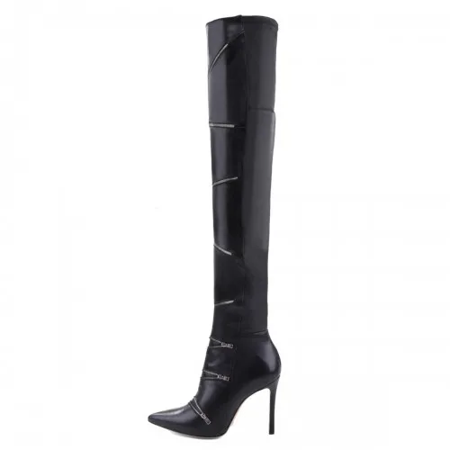 

Black Soft Leather Women Boots Over the Knee Long Boots Pointed Toe Fashion Ladies Shoes Zipper Hollow Out Shoes Woman New