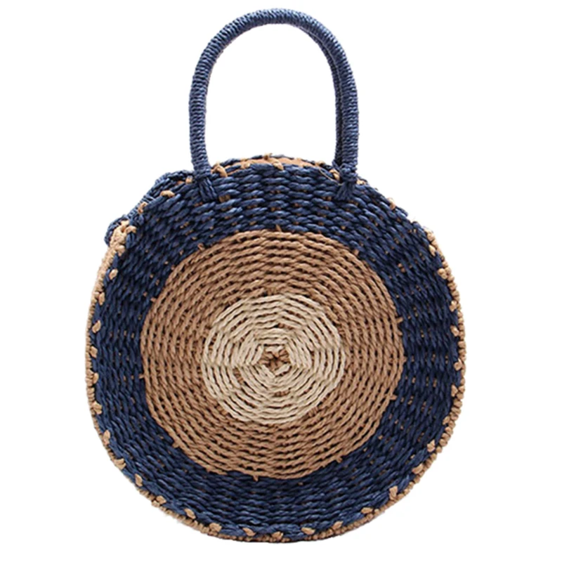 

Simple Round Contrast Color Woven Beach Bag Hand Bag Shoulder Bag Dual-Use Diagonal Package