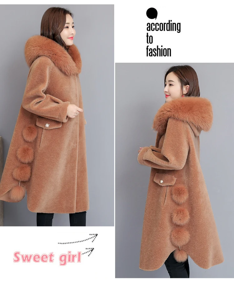 HANZANGL овечья стриженая куртка женская Новая зимняя женская меховая куртка лисий мех с капюшоном размера плюс меховые пальто шерстяное пальто M-4XL