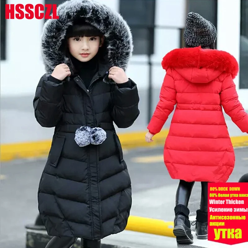 HSSCZL Girls down jackets brand winter thicken natural fur collar outerwear overcoat fashion kids children's clothing 6-14Y