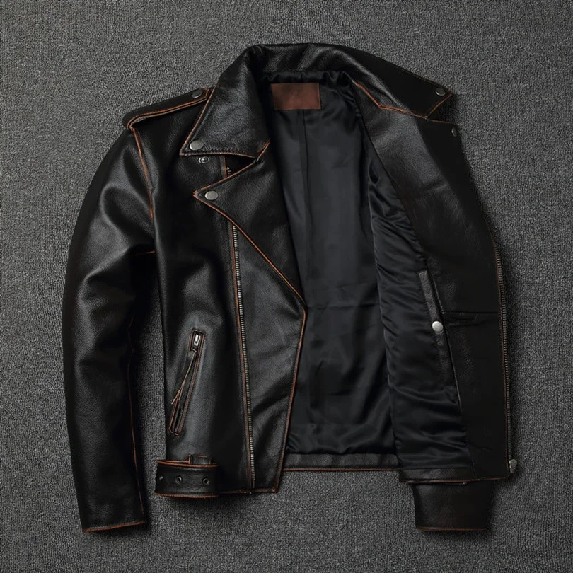 YR!Free shipping.sales.classic motor style genuine leather jacket.slim cowhide coat.fashion vintage slim jacket.plus size