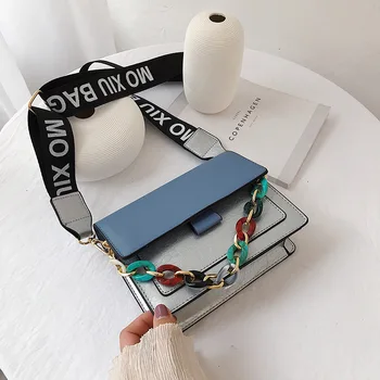 

Fashion Acrylic Chain Handbag 2019 Contrast Color Crossbody Wide Shoulder Strap Shoulder Bag Brand Desinger Small Square Bags