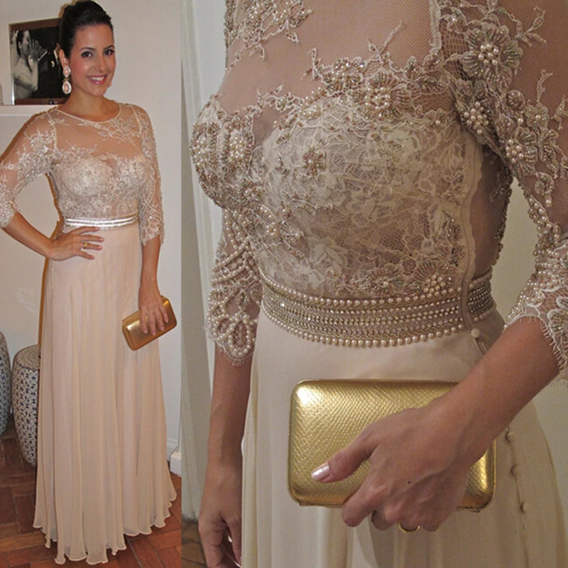 

Chiffon Long Mother Of The Bride Dresses Sheer Jewel Neck 3/4 Long Sleeve Pearls Sash Beads Women Evening Party Gowns Plus Size