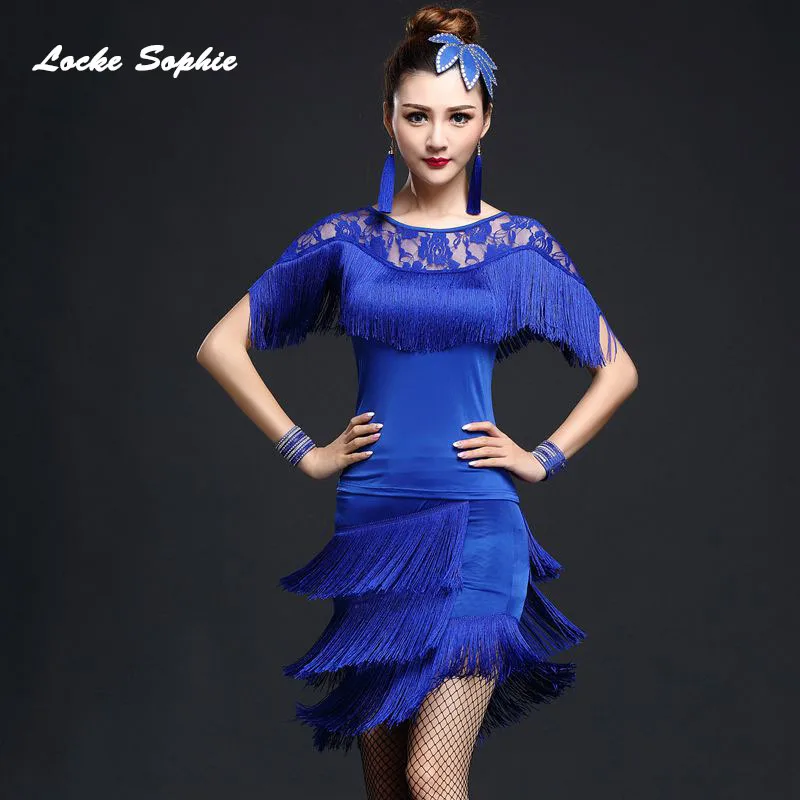 1pcs Women's Plus size latin dance dress 2018 Lace Tassels Mosaic dance