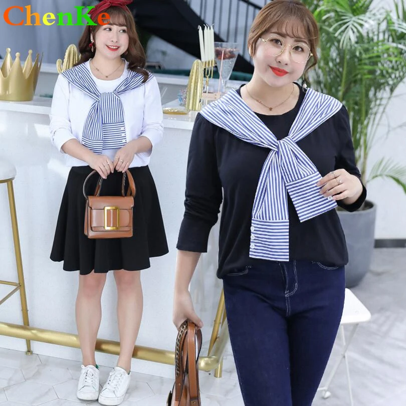 ChenKe новые осенние повседневные женские футболки милые поддельные две части черная футболка с длинным рукавом Женская Плюс Размер хлопковая футболка