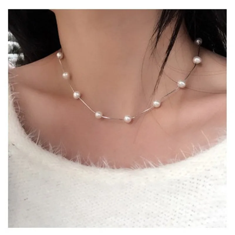 MDNEN Fashion Simple Pearl Clavicle Necklace Women Silver Necklace For Women Wedding Engagement