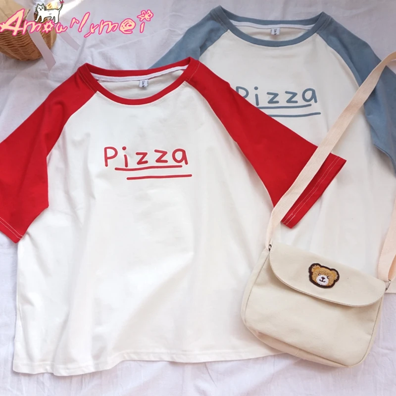

Pizza Letter Printed Loose O-neck Cotton Short Sleeved T-shirt Mori Girl Summer Women Tops Red Blue