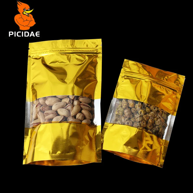 

Gold coffee dried fruit goods meat Bird food Packaging Bag ziplock Stand up Transparent Wide bottom zipper Aluminum foil window
