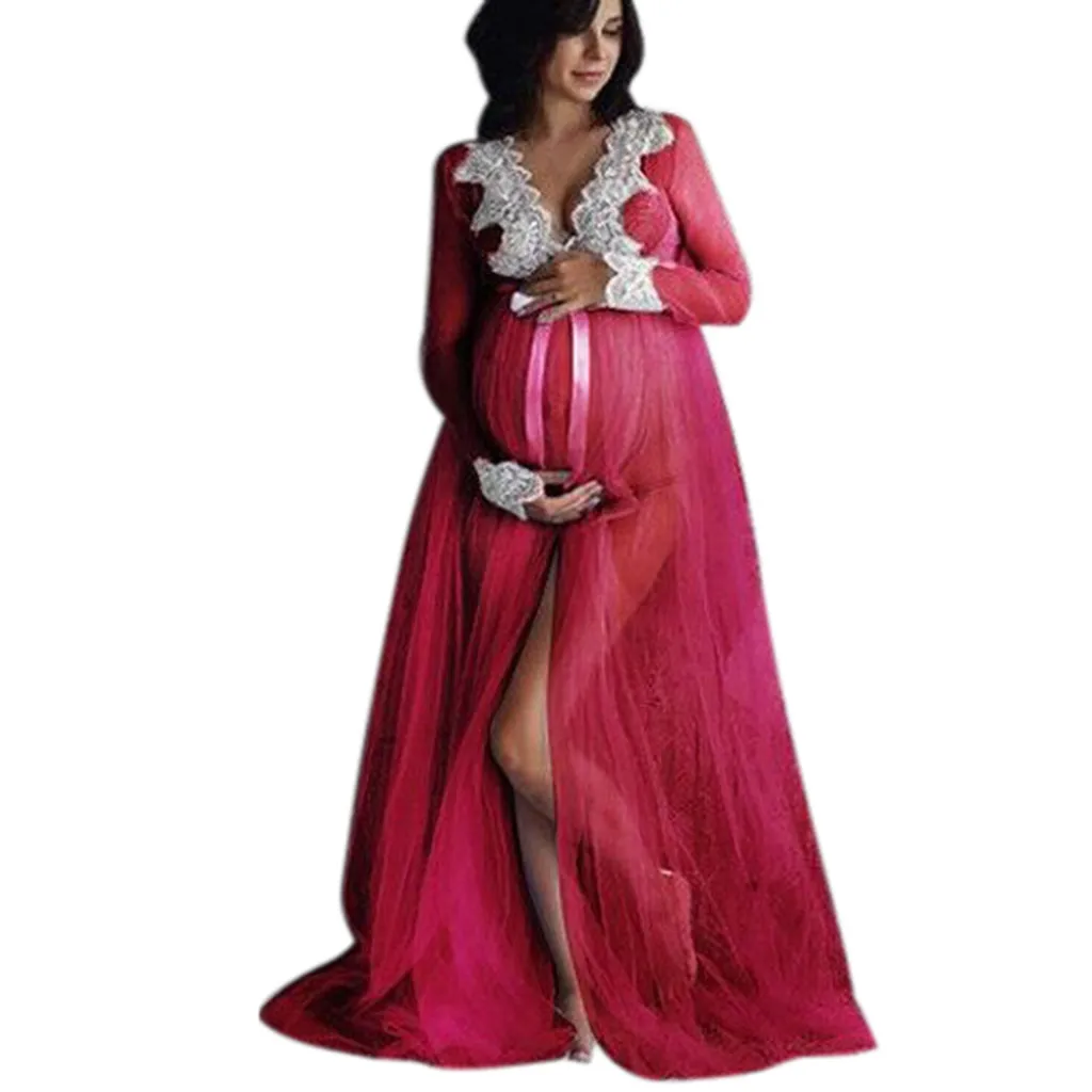 

LONSANT Maternity dress Women long sleeves Lace Long Maxi Dress Pregnancy elegant party Mesh lace front slitted dress