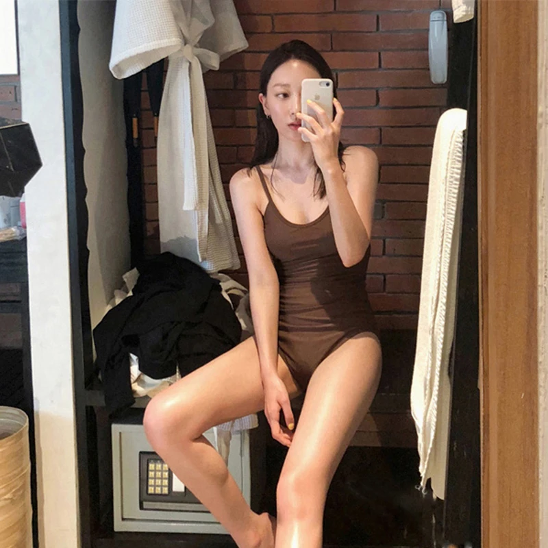 

2019 One Piece Swimsuit Padding Women Solid Brown Backless Swimwear bodysuit