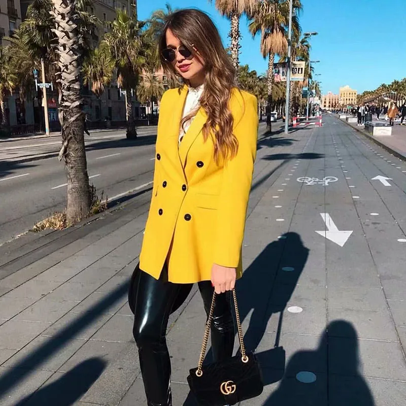 GCAROL 2019 Chic Women Double-breasted Yellow Blazer V Neck 2 Pockets Elegant OL Work Suit Spring Summer Fashion Jacket