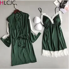 Новые пижамы с подушками груди, кружевные ночные рубашки на бретельках, шелк льда, сексуальные два комплекта с короткими рукавами для женщин весной и летом