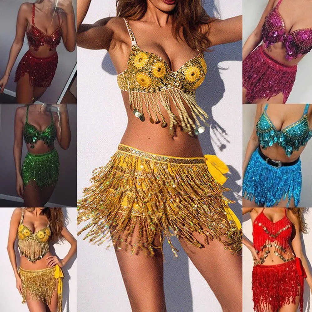 

Pretty Female Skirt Women Sequin Belly Dancer Costume Tassel Wrap Club Party Sexy Mini Skirt Falda Mujer