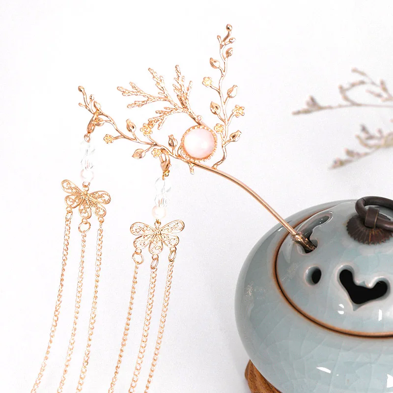 

FORSEVEN 1 Pcs Chinese Ethnic Golden Carved Tree Tassel Hair Sticks Women Bridal Bride Wedding Party Hair Jewelry Accessories