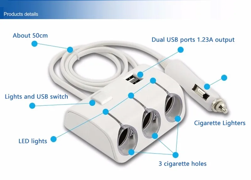 Автомобильный прикуриватель, сплиттер, адаптер питания, двойной, 2 USB, автомобильное зарядное устройство для iphone, samsung, DVR, gps, 3 гнезда, способ