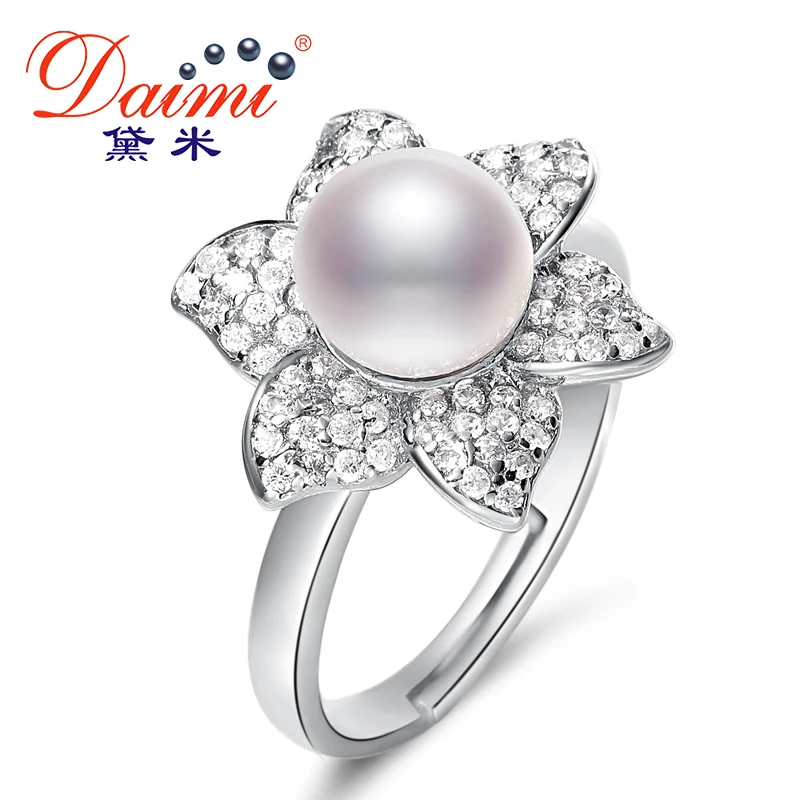 

DAIMI 2017 New Trendy Flower Ring 7-8mm White Freshwater Pearl Ring 925 Sterling Silver Ring Gift For Women Fine Jewelry