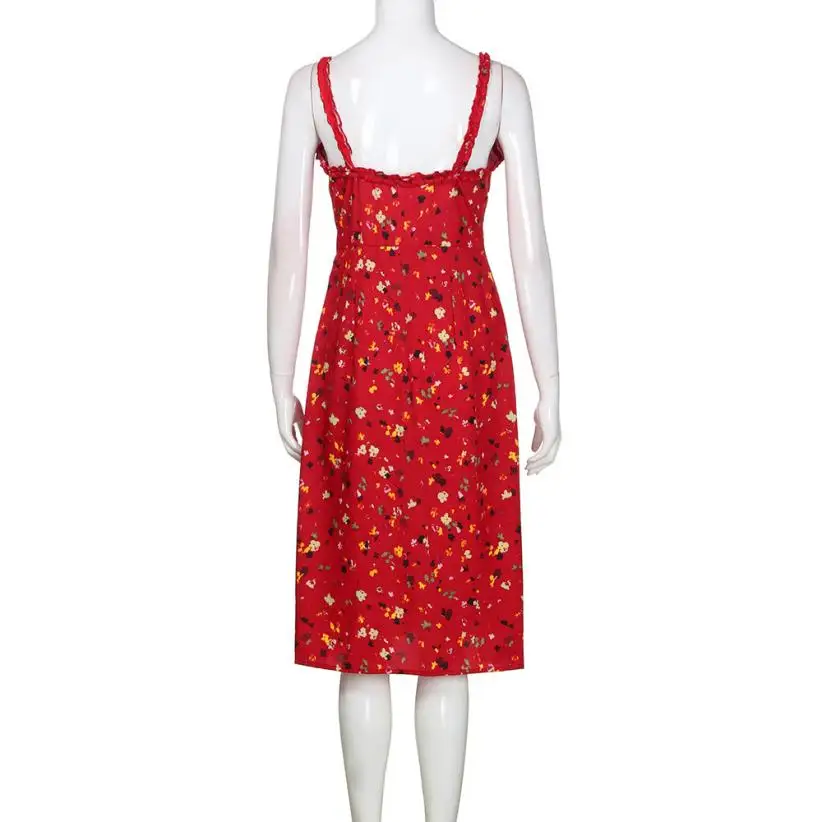 Новое Элегантное Цветочное платье на бретельках, популярное платье с глубоким v-образным вырезом, шикарное платье на пуговицах, уличная одежда, красное платье миди с открытой спиной для женщин