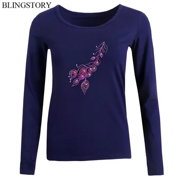 

BLINGSTORY Autumn Big Size Women T Shirt Basic Top O-Neck Flower Diamond Cotton Tee