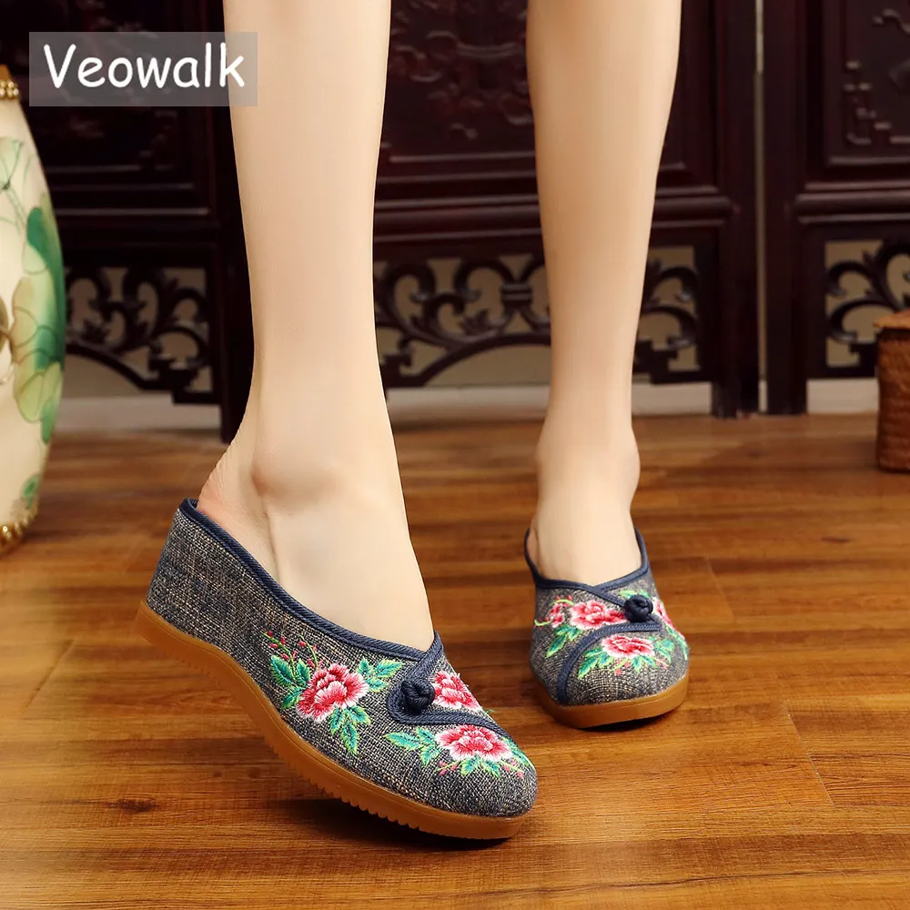 

Veowalk Handmade Women Denim Embroidered Close Toe Wedge Mules Slippers Med Heel Ladies Comfort Summer Cotton Platform Shoes