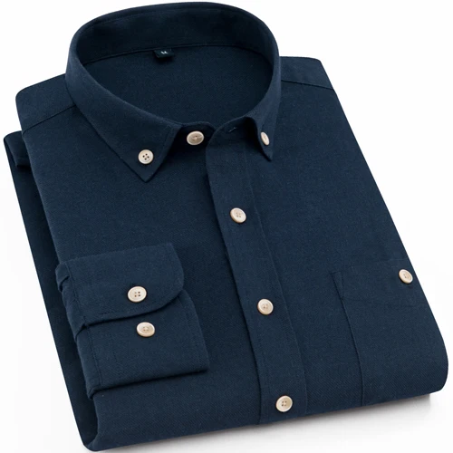 Мужские повседневные фланелевые рубашки с длинным рукавом, приталенные нагрудные карманы с пуговицами, модные однотонные мужские рубашки с воротником на пуговицах - Цвет: Navy