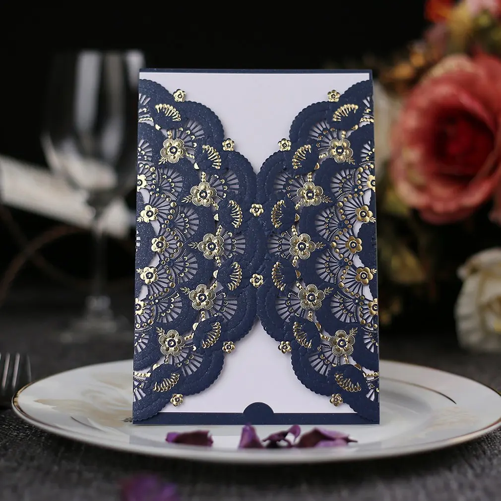  Graceful Sea Blue Laser Cut Florals Red Pocket Wedding Invitation Card With Insides Envelope Seal - 33054767337