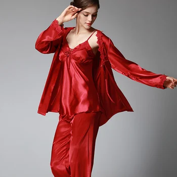 

Women's Satin Ultra-Light Sling Long-Sleeved Cardigan Pants Three-Piece Pajamas Sets Spring2019 New Elegant Lady's Homewear