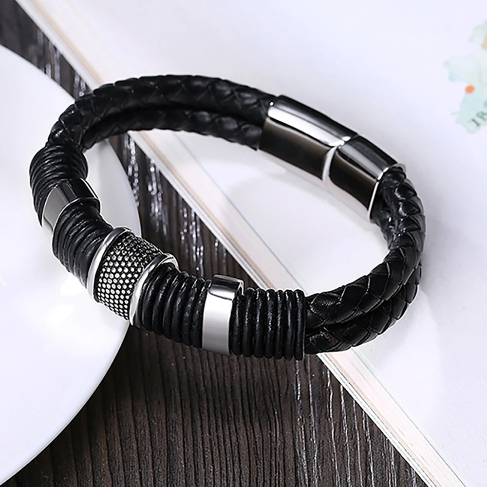 Casual Black Rope Chain Men Bracelets Simple Leather Knot Stainless Steel Buckle Bangle Male Wrist Chain Gift for Boy friend (8)