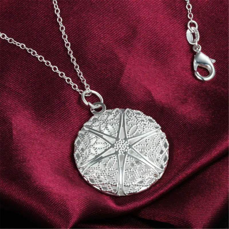 Hollow Circle Pendant Necklace Plated Chain Charm 925 Sterling Silver