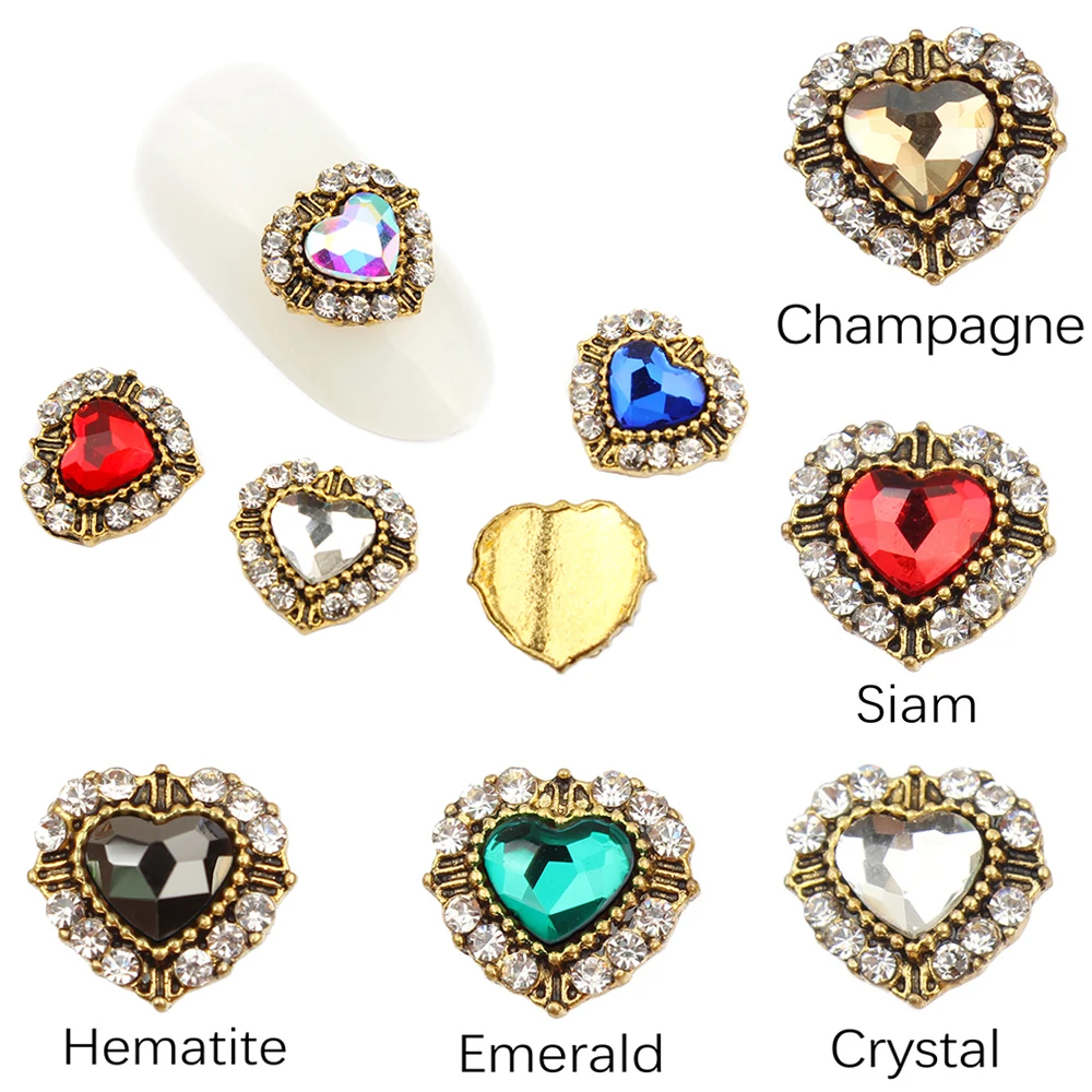 

10/30pcs New Gold Heart Shape Retro Rhinestone 3D Nail Art Decorations,Alloy Nail Charms,Nails Rhinestones Nail Supplies