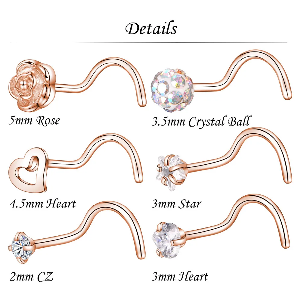 GAGABODY 20 г шпильки для носа хирургические стальные Цветочные ноздри штифты, винты Сердце Звезда кольцо для носа обруч Пирсинг для тела Сердце нос шпилька