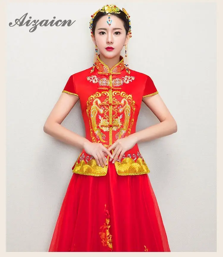 Традиционное китайское свадебное платье для женщин Cheongsam вышивка феникс красный Qipao древних свадебный наряд Oriental стиль платья для