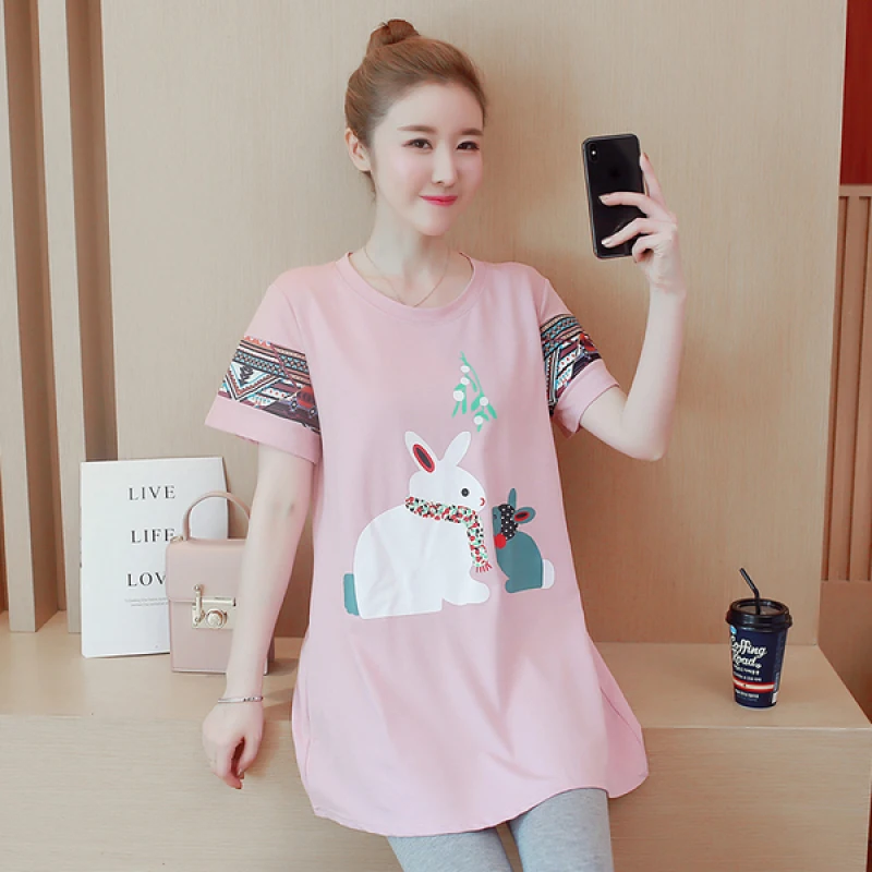 

607# Cartoon Printed Cotton Maternity T-shirts Summer Casual T Shirt Clothes for Pregnant Women Loose Pregnancy Tees Tops